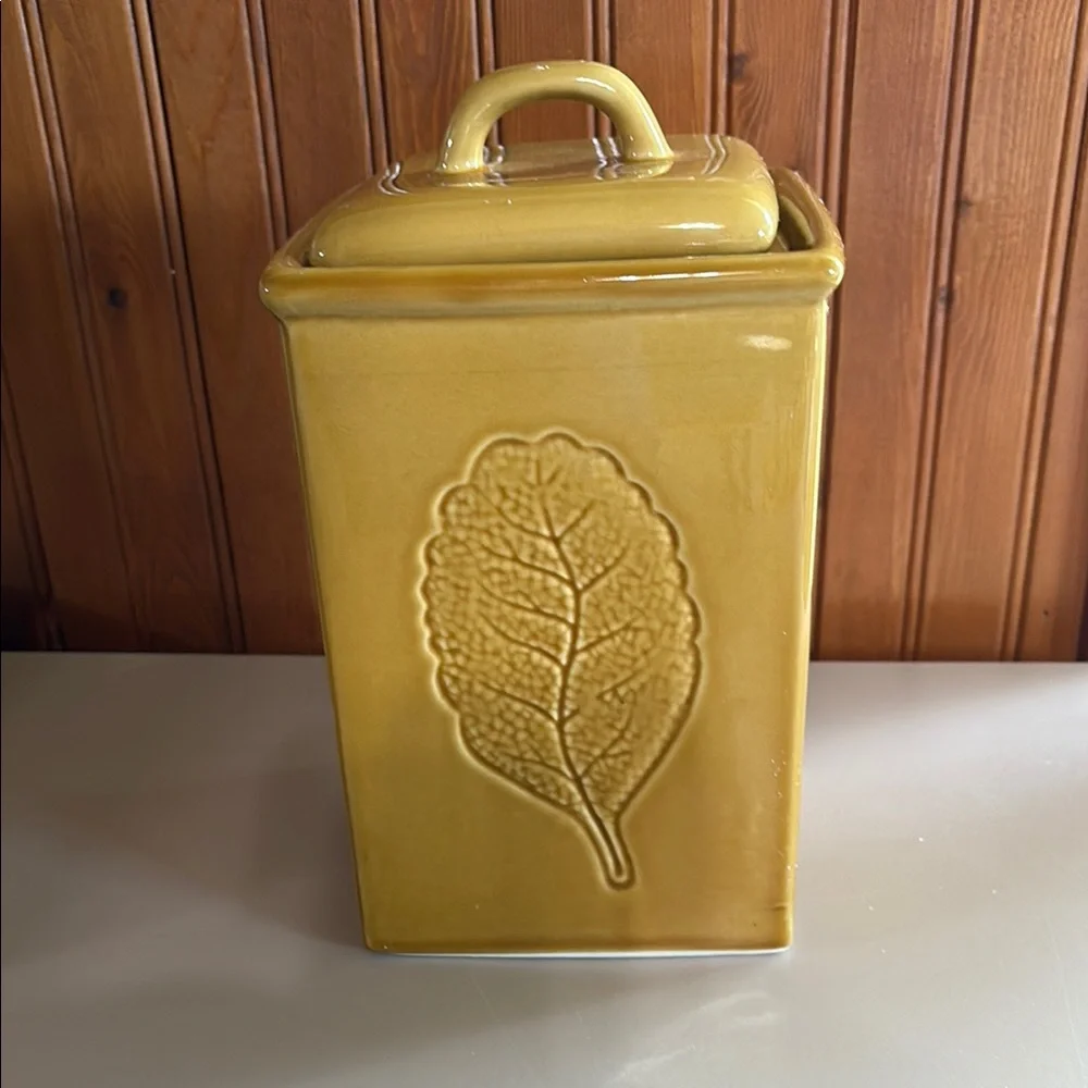 Lillian Vernon Yellow Leaf Design Ceramic Canister